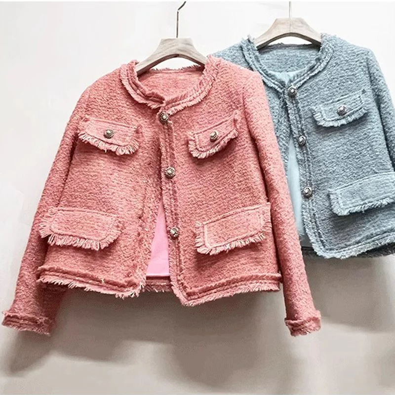 Женская твидовая куртка с карманами, розовая однобортная шерстяная куртка с бахромой, верхняя одежда, осень-зима 2023