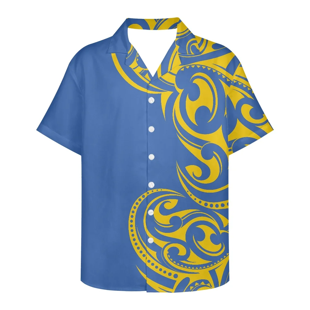 

HYCOOL Gold And Blue Tribal Print Polynesian Men'S Shirt For Samoan Tonga Maori Island Wedding Party Groomsmen Button Up Shirt