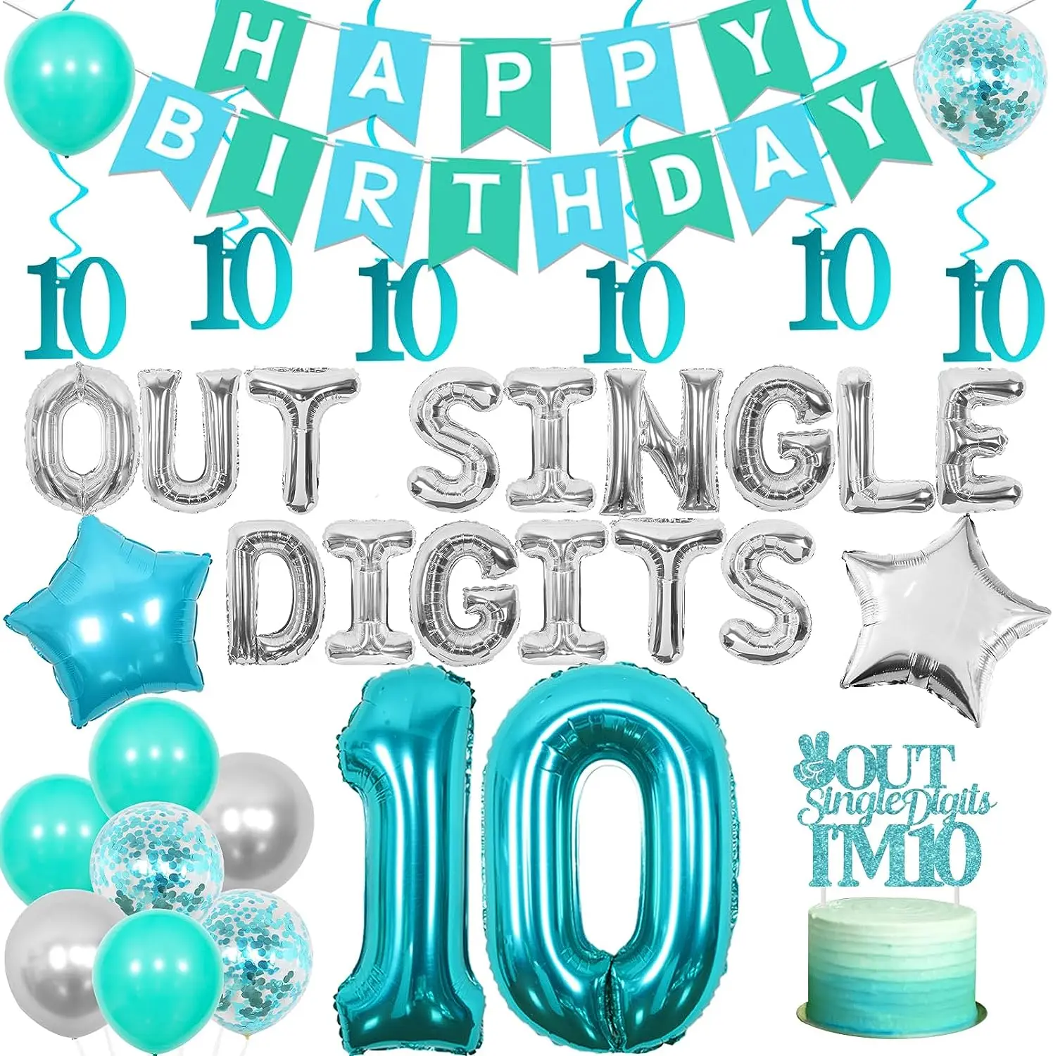 

Teal Blue 10th Birthday Decorations for Girls Turquoise Out Single Digits Balloons Tenth Birthday Party Supplies for 10 Year Old