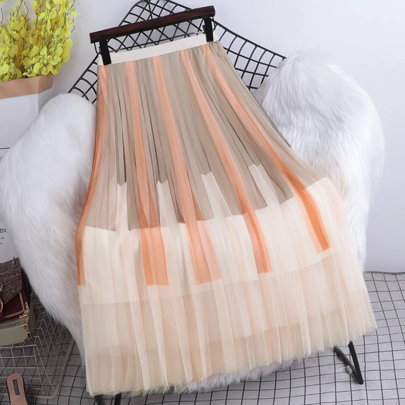 Women Bottoms Pleated Half Body Skirt Mesh Color Matching Casual Vintage Fashion High Waist Baggy Long Skirt Ladies Summer
Women Bottoms Pleated Half Body Skirt Mesh Color Matching Casual Vintage Fashion High Waist Baggy Long Skirt Ladies Summer