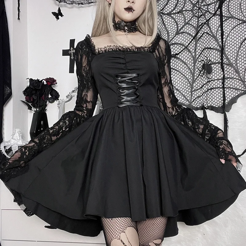 Dark black drag hem lace dress waist temperament lace splicing trumpet sleeves a hem princess dress
Dark black drag hem lace dress waist temperament lace splicing trumpet sleeves a hem princess dress