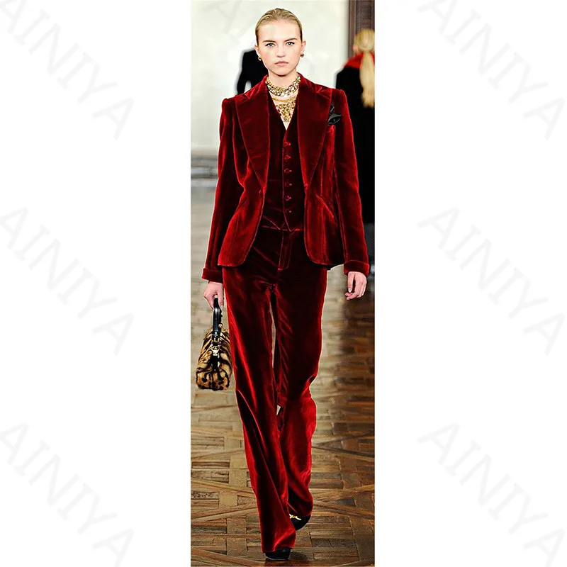 Wine Red Velvet Elegant Pant Suits Costumes for Women Office Business Suits Formal Work Wear 3 Piece Sets Office Uniform Styles 
Wine Red Velvet Elegant Pant Suits Costumes for Women Office Business Suits Formal Work Wear 3 Piece Sets Office Uniform Styles