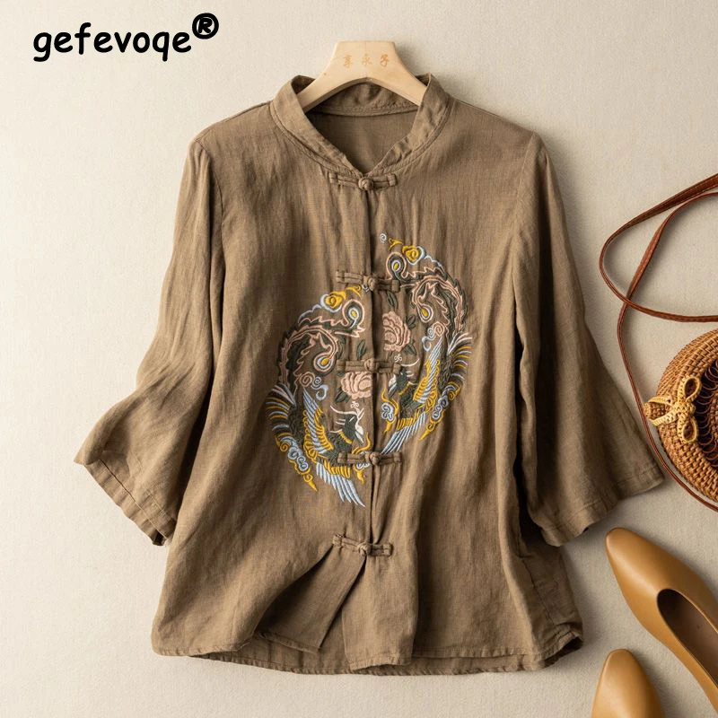 Spring Summer 2023 Retro Embroidery Stand Collar Three Quarter Sleeve Cotton Linen Blouse Top Women Casual Loose Button Up Shirt
Spring Summer 2023 Retro Embroidery Stand Collar Three Quarter Sleeve Cotton Linen Blouse Top Women Casual Loose Button Up Shirt