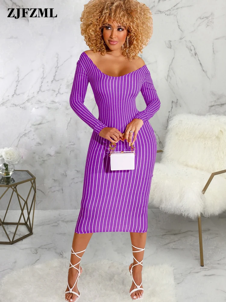 

Classic Vertical Striped Print Slim Fit Dress Woman Simple Scoop Neck Long Sleeve Sheath Dresses Sexy Body-shaping Party Dresses