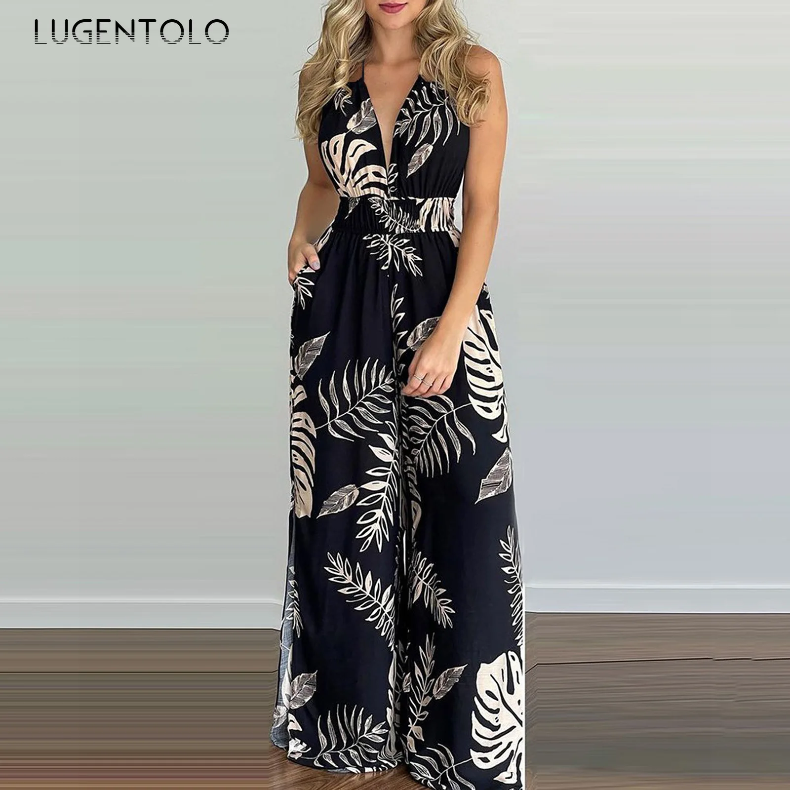 Women Sexy Jumpsuits Backless Print Summer Halter Thin Female Casual Spaghetti Strap Elastic High Waist Wide Leg Pants Jumpsuit
Women Sexy Jumpsuits Backless Print Summer Halter Thin Female Casual Spaghetti Strap Elastic High Waist Wide Leg Pants Jumpsuit