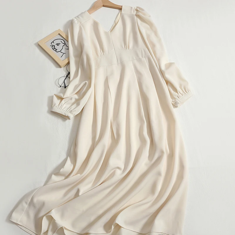Hikigawa Chic Fashion Women Early Autumn New Termperament V Neck Stain Silky Long Sleeve Dress Solid A Line Midi Vestidos mujer
Hikigawa Chic Fashion Women Early Autumn New Termperament V Neck Stain Silky Long Sleeve Dress Solid A Line Midi Vestidos mujer