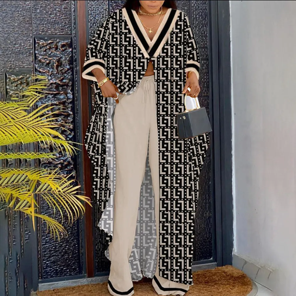 Женский комплект из двух предметов с принтом, Свободный Повседневный Комплект из двух предметов с V-образным вырезом, длинным топом на одной пуговице и широкими штанинами
Женский комплект из двух предметов с принтом, Свободный Повседневный Комплект из двух предметов с V-образным вырезом, длинным топом на одной пуговице и широкими штанинами