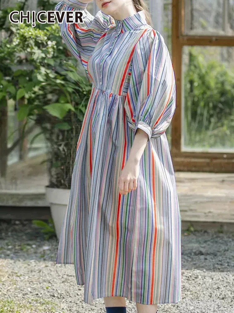 CHICEVER Rainbow Striped Temperament Dresses For Women Stand Collar Short Sleeve High Waist Hit Color Folds Loose Dress Female
CHICEVER Rainbow Striped Temperament Dresses For Women Stand Collar Short Sleeve High Waist Hit Color Folds Loose Dress Female