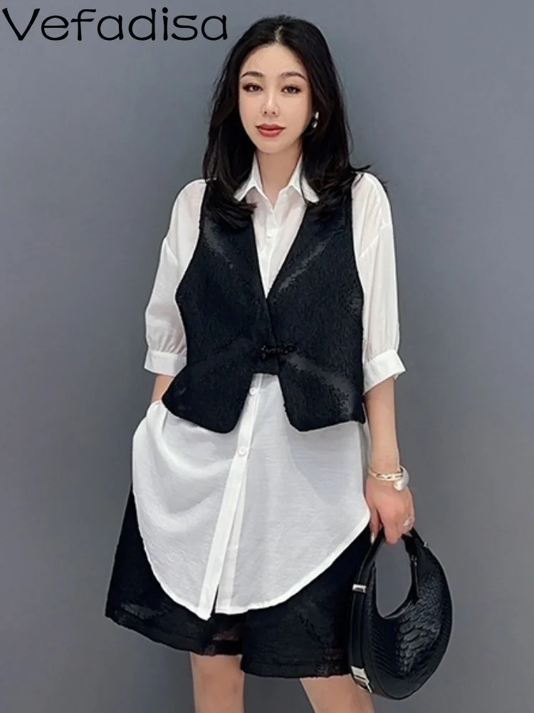 Vefadisa 2023 Summer New Fashion Asymmetric Fake Two Piece Top Casual Black Shorts Women Matching Suit Trendy Girl Shirt ZY676
Vefadisa 2023 Summer New Fashion Asymmetric Fake Two Piece Top Casual Black Shorts Women Matching Suit Trendy Girl Shirt ZY676