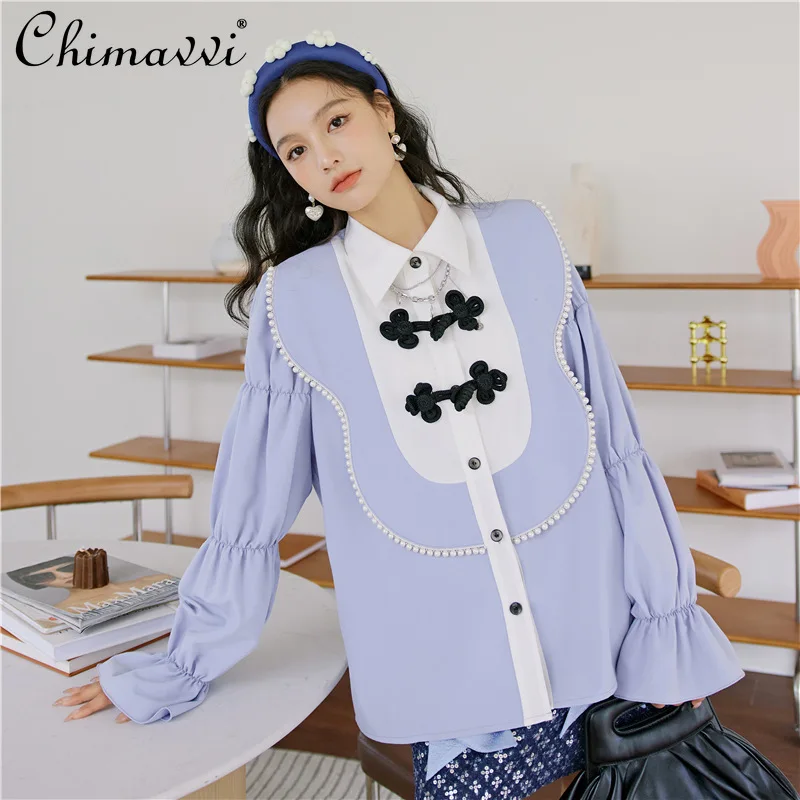 2022 Spring New Ladies Retro French Stitching Contrast Color Blouses Women's Fashion Office Lady Beaded Bell Sleeve Shirt Top
2022 Spring New Ladies Retro French Stitching Contrast Color Blouses Women's Fashion Office Lady Beaded Bell Sleeve Shirt Top