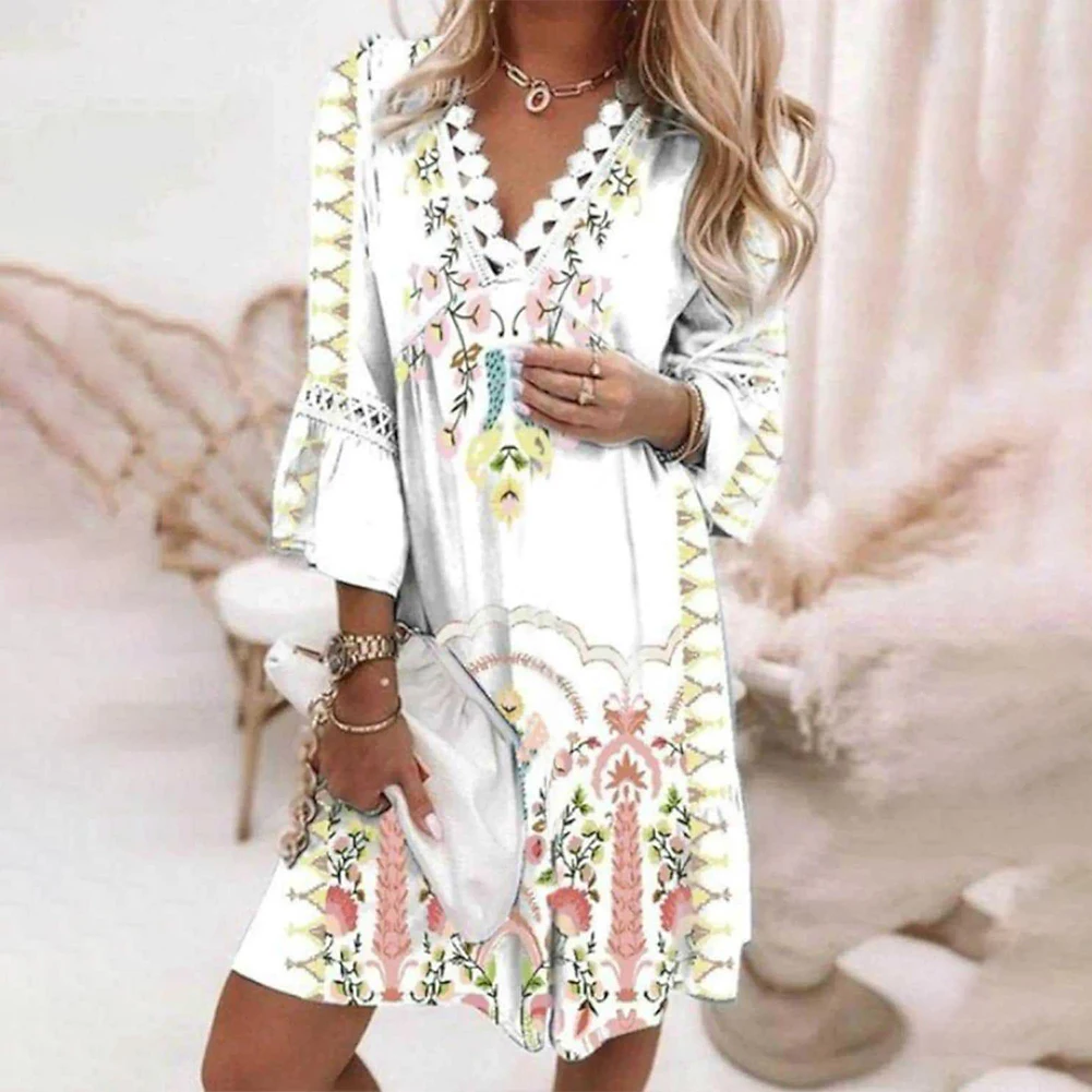 Women Bohemian Sexy V-Neck Print Ruffled Sleeves Fashion Lace Stitching Print Bohemian Dress Casual Vintage Beach White
Women Bohemian Sexy V-Neck Print Ruffled Sleeves Fashion Lace Stitching Print Bohemian Dress Casual Vintage Beach White