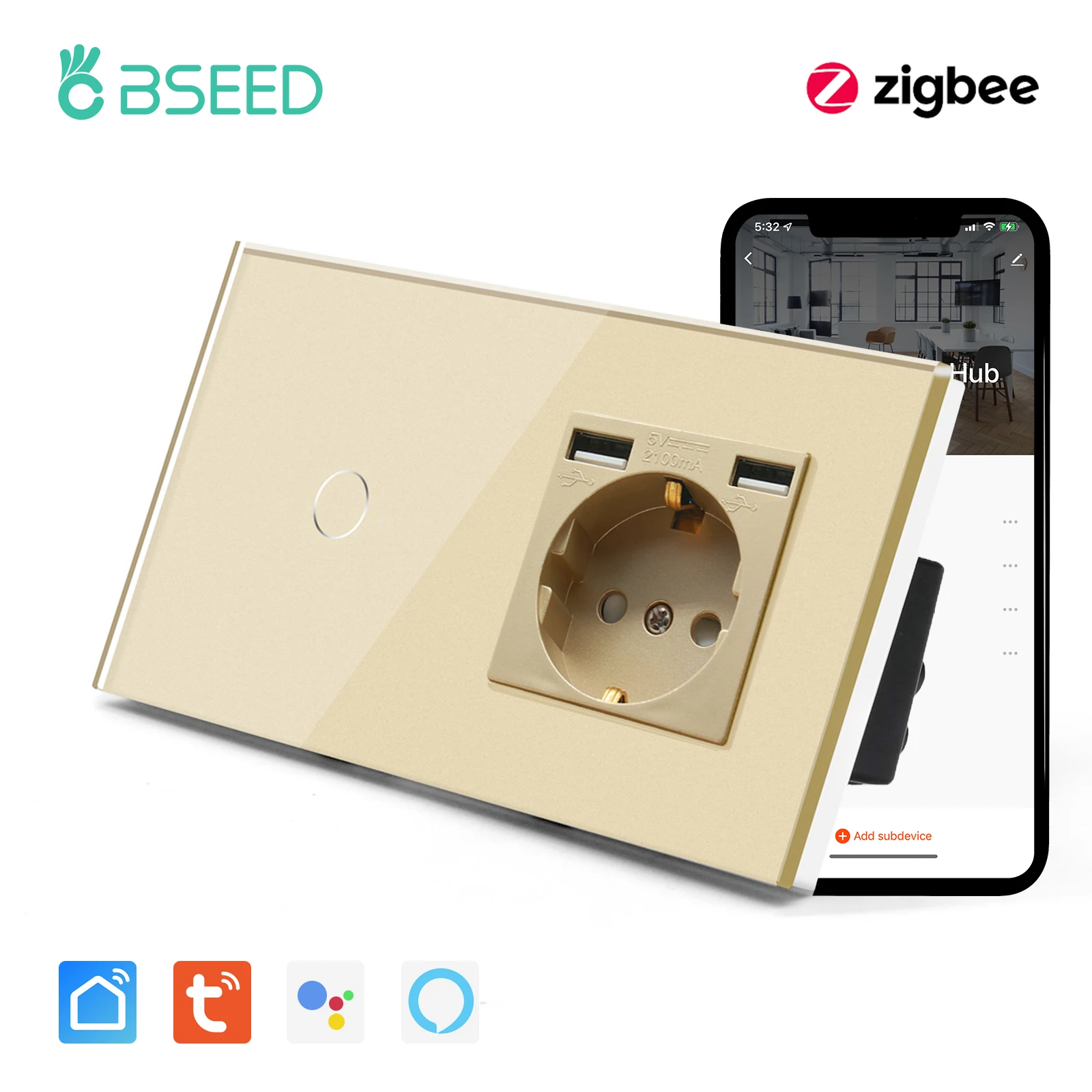 

Сенсорные выключатели BSEED Zigbee, Беспроводной Выключатель с 1/2/3 клавишами, настенная розетка европейского стандарта с поддержкой Google Alexa и USB-з...