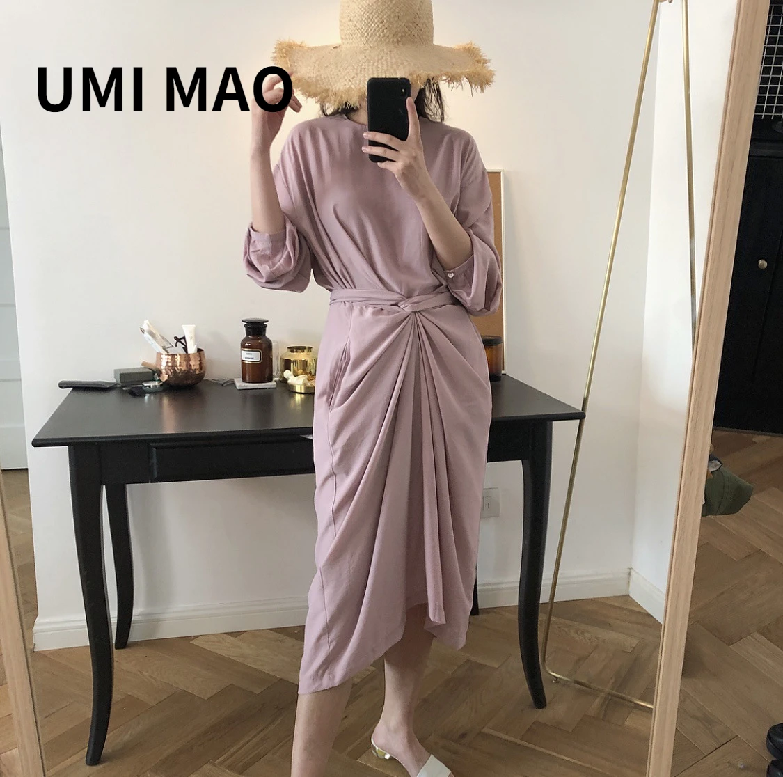 

UMI MAO Yamamoto's New Summer New Tencel Korean Fresh French Dress Knotted Show Thin Waist Smooth Long Skirt Female Y2K