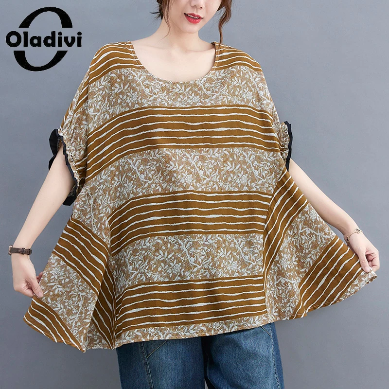 

Oladivi Fashion Striped Printed Blouses Oversized Women Casual Loose Short Sleeve Shirts 2022 Summer New Tunic Blusas 9751 6XL