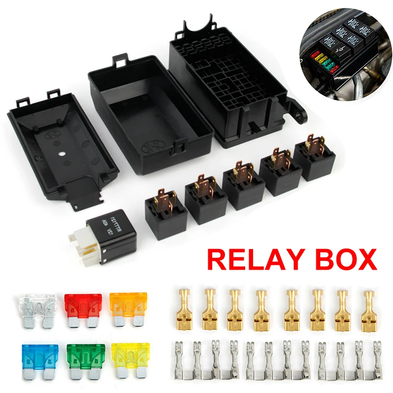 

MAYITR 1set 6 Way Fuse Box 5 Road Car Insurance Auto Fuse Boxes 40A + 80A Black Relay Accessories Fit For Car Trunk ATV