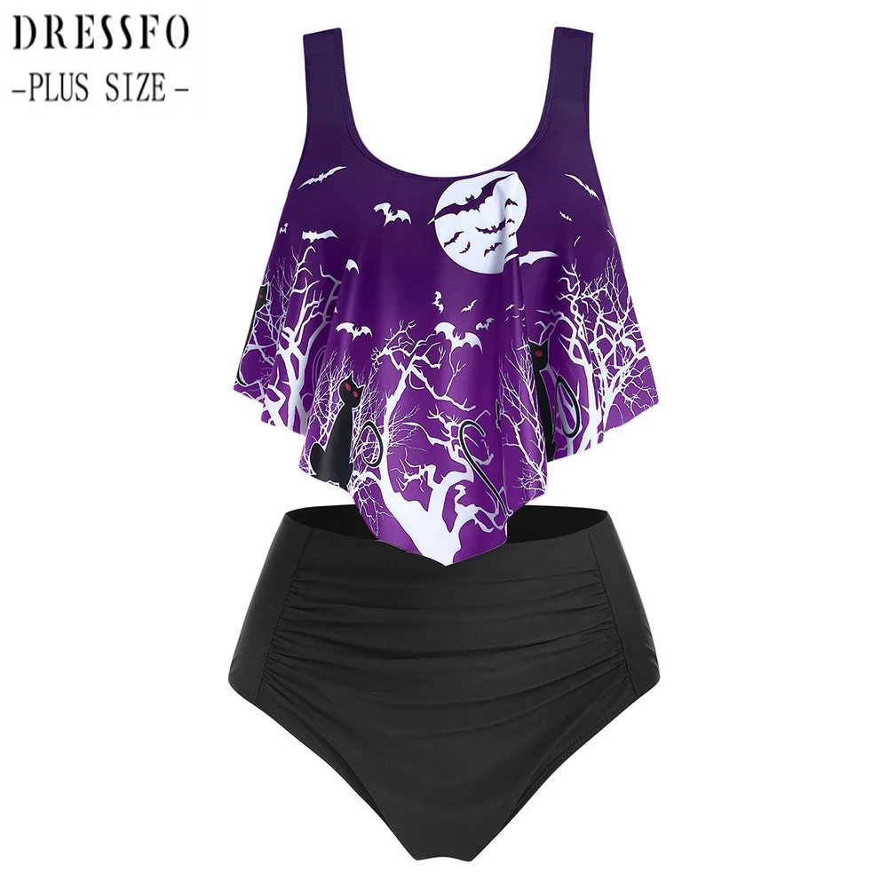 

Dressfo Swimwear Plus Size Flounce Bat Print Ruched Tankini Two-piece Swimwear Women Classic High Waist Halter Bikini Sets 2023