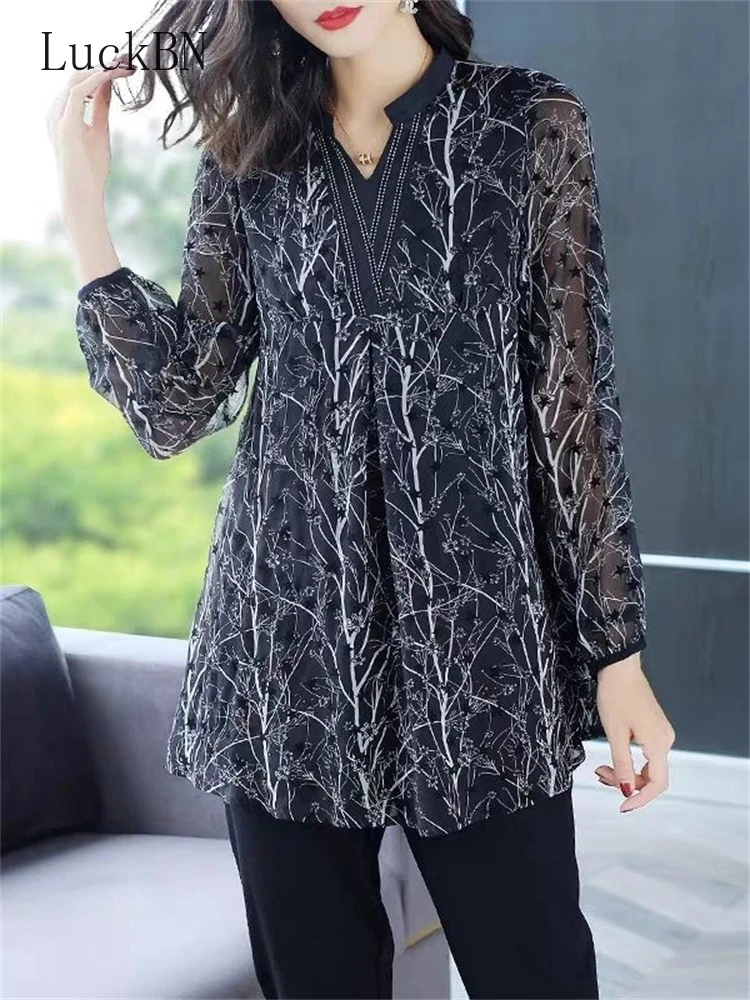 

Блузка женская шифоновая с длинным рукавом и принтом, батальных размеров, 6XL