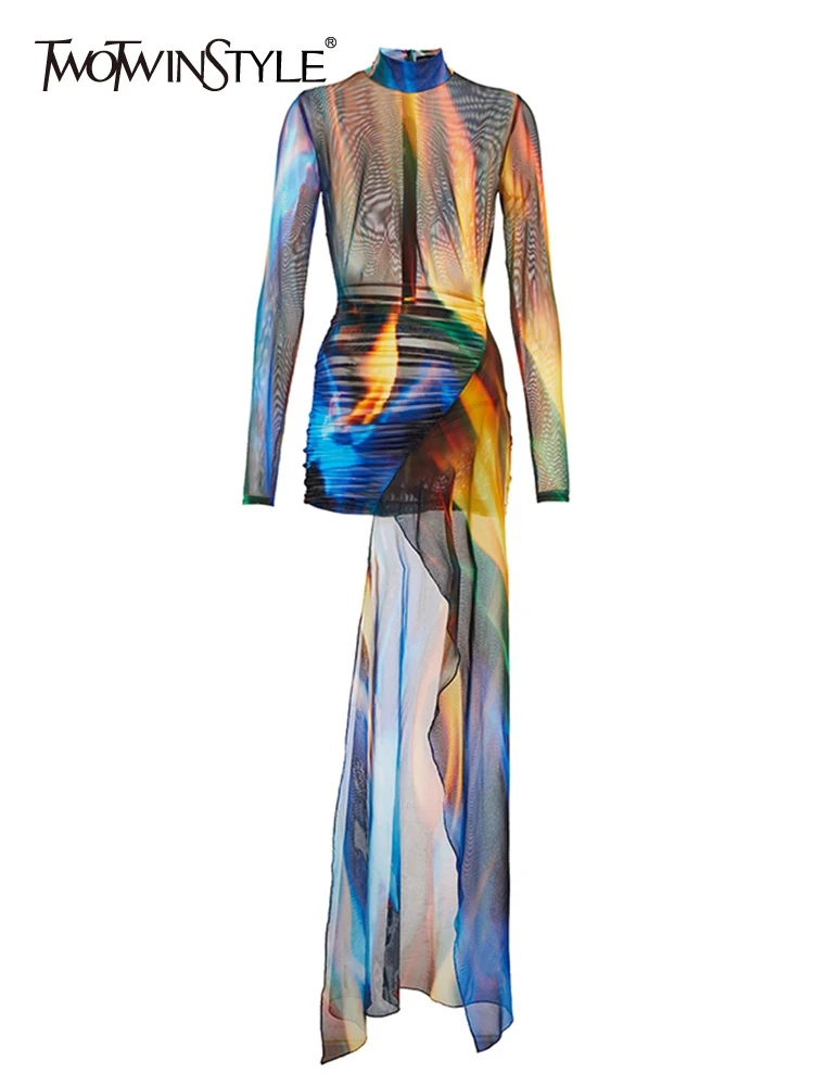 TWOTWINSTYLE Print Patchwork Sheer Mesh Dress For Women Turtleneck Long Sleeve High Waist Asymmetrical Hem Mini Dresses Females
TWOTWINSTYLE Print Patchwork Sheer Mesh Dress For Women Turtleneck Long Sleeve High Waist Asymmetrical Hem Mini Dresses Females