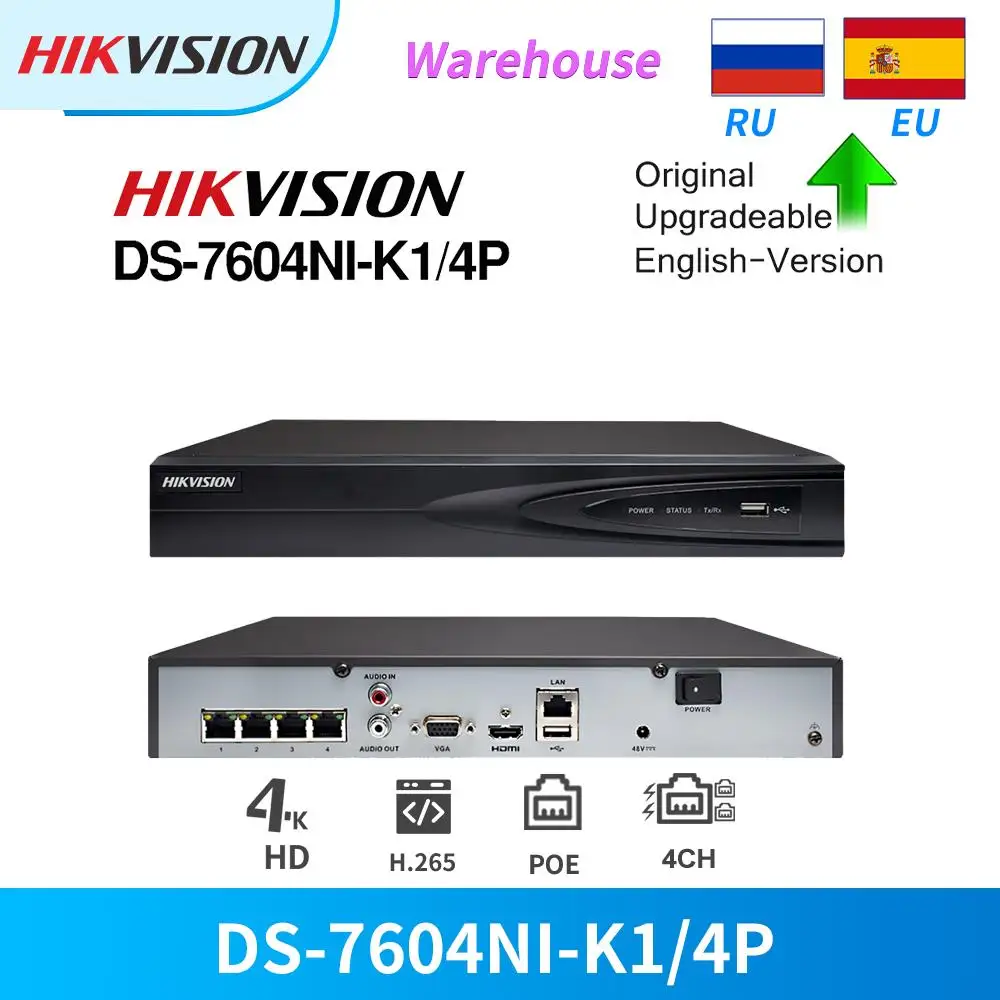 

Hikvision NVR 4CH 4K 8MP PoE DS-7604NI-K1/4P-B for IP Camera CCTV Security System VCA Detection Upgradeable Plug&Play cam