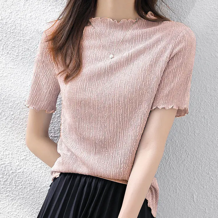 Women Knitting Tops Short Sleeve Mock Neck Knitted Tshirt Solid Color Basic Style Slim Fit Sweater Tops for Women Summer
Women Knitting Tops Short Sleeve Mock Neck Knitted Tshirt Solid Color Basic Style Slim Fit Sweater Tops for Women Summer