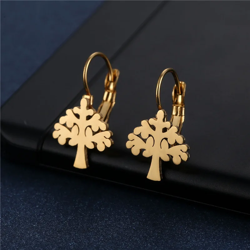 

Vintage Bohemia 316L Tree Of Life Earrings Lotus Gold Leaf Tree Earings Stainless Steel Jewelry For Women Studs bijoux