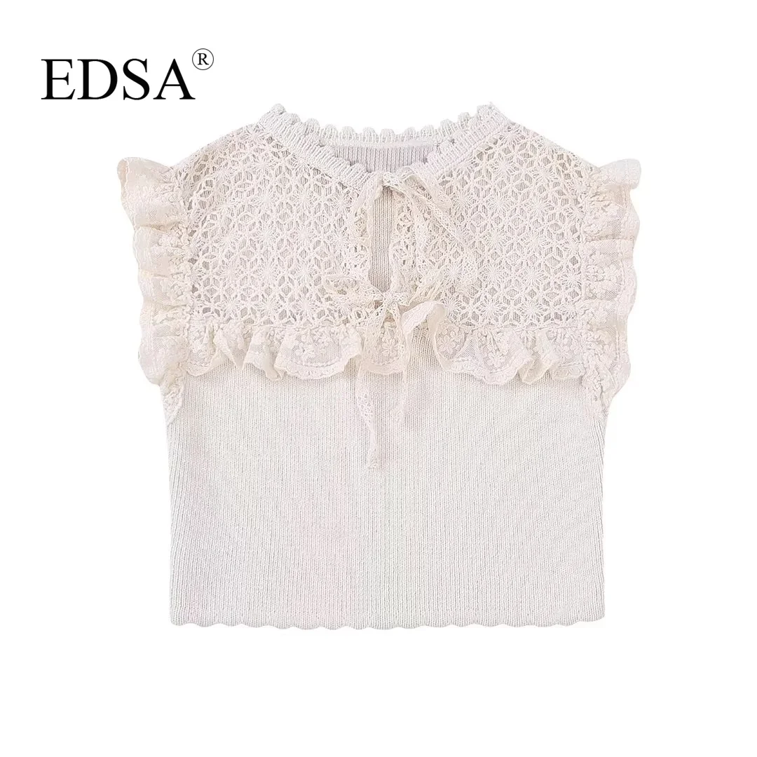 

EDSA Women Elegant Beige Contrast Knit Cropped Top 2023 Summer Sleeveless Round Neck Ruffle Trims Short Blouse Streetwear