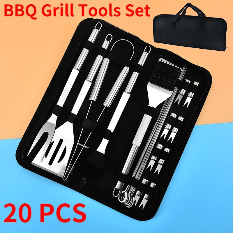 

20-PCS Heavy Duty BBQ Grill Tools Set,Spatula,Fork,Tongs & Cleaning Brush,Complete Barbecue Accessories Kit with Portable Bag