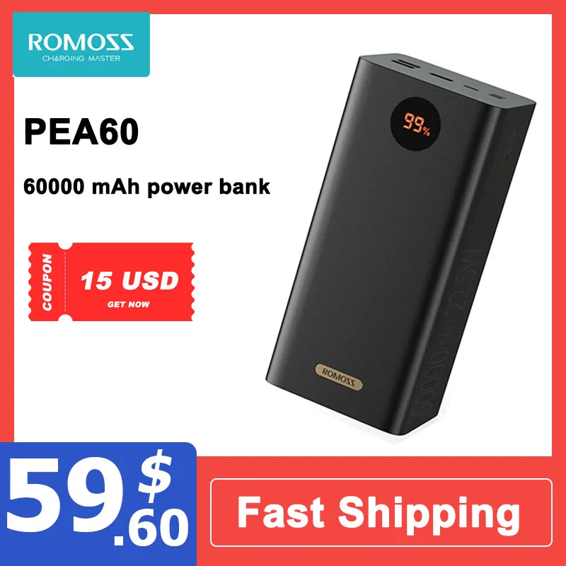 【Promo Code :SDAE05】 ROMOSS PEA60 Power Bank 60000 мАч 22,5 Вт SCP PD QC 3.0 Быстрая зарядка Внешняя батарея Портативное зарядное устройство Powerbank для Xiaomi IPHONE
【Promo Code :SDAE05】 ROMOSS PEA60 Power Bank 60000 мАч 22,5 Вт SCP PD QC 3.0 Быстрая зарядка Внешняя батарея Портативное зарядное устройство Powerbank для Xiaomi IPHONE