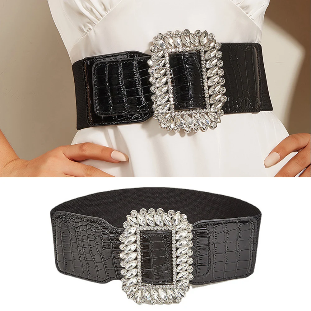 

New Shirt Dress Decorative Waistbands Rhinestone Inlay Buckle PU Leather Stone Pattern Waist Belt Wide Elastic Corset Belt Black