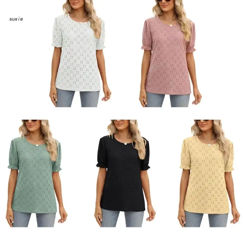 

X7YA Womens Casual Frill Trim Puff Short Sleeve Solid Color Loose Fit T-Shirts Hollow-Out Floral Jacquard Blouses Tunic Top