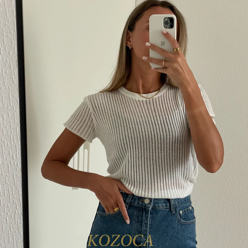 

Kozoca 100% Wool Chic White Elegant Striped See Through Women Tops Outfits Short Sleeve T-Shirts Tees Skinny Club Party Clothes