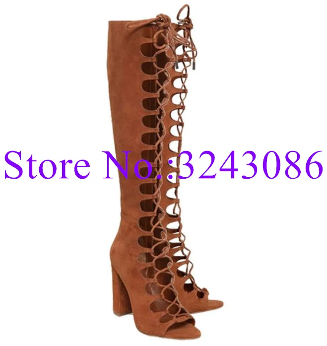 Brown Chunky Heel Lace-up Knee High Sandals Boots Sexy Hollow Out Peep Toe Long Sandals Boots Lady Large Size Party Shoes
Brown Chunky Heel Lace-up Knee High Sandals Boots Sexy Hollow Out Peep Toe Long Sandals Boots Lady Large Size Party Shoes