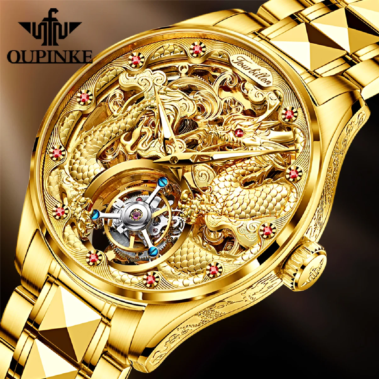 OUPINKE Brand Luxury Tourbillon Watch for Men Mechanical Sapphire Crystal Waterproof Gold Dragon Wristwatch Skeleton Transparent
OUPINKE Brand Luxury Tourbillon Watch for Men Mechanical Sapphire Crystal Waterproof Gold Dragon Wristwatch Skeleton Transparent
