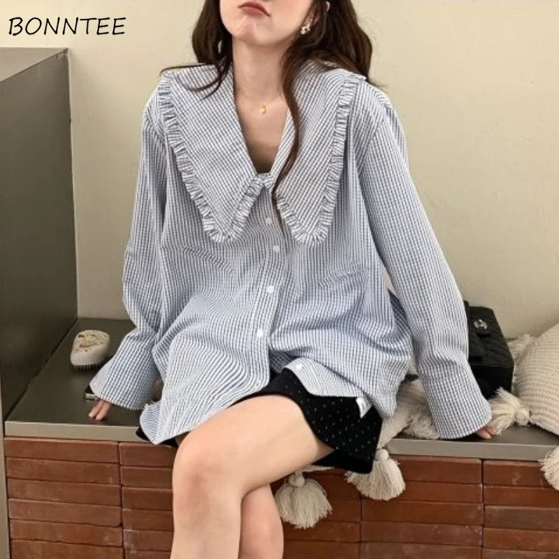 

Plaid Shirts Women Peter Pan Collar Sweet Students Preppy Style Simple Basic Retro Ulzzang Streetwear Popular Fall All-match Ins