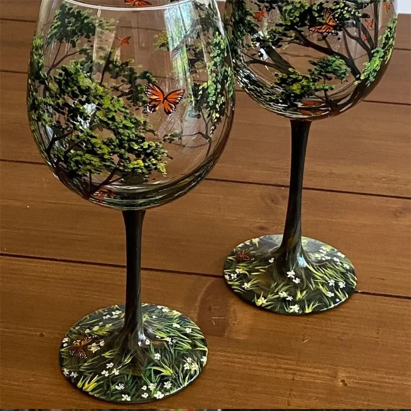 

Four Seasons Trees Wine Glasses Large Capacity Champagne Wine Beer Cocktail High Legged Glass Cup Set Creative Printed Goblet