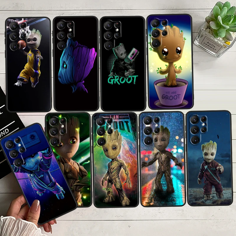 

Marvel Super Hero Groot Black Phone Case For Samsung Galaxy S23 S22 S21 S20 FE Ultra Pro Lite S10 S10E S9 Plus 5G Cover Capa