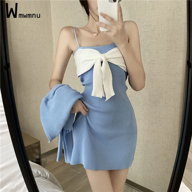 Women Solid Knitted Bow Straps Dress Suit Laides Full Sleeve Single Breasted Short Coat+Elastic Mini Dresses Outfits 2 Piece Set
Women Solid Knitted Bow Straps Dress Suit Laides Full Sleeve Single Breasted Short Coat+Elastic Mini Dresses Outfits 2 Piece Set