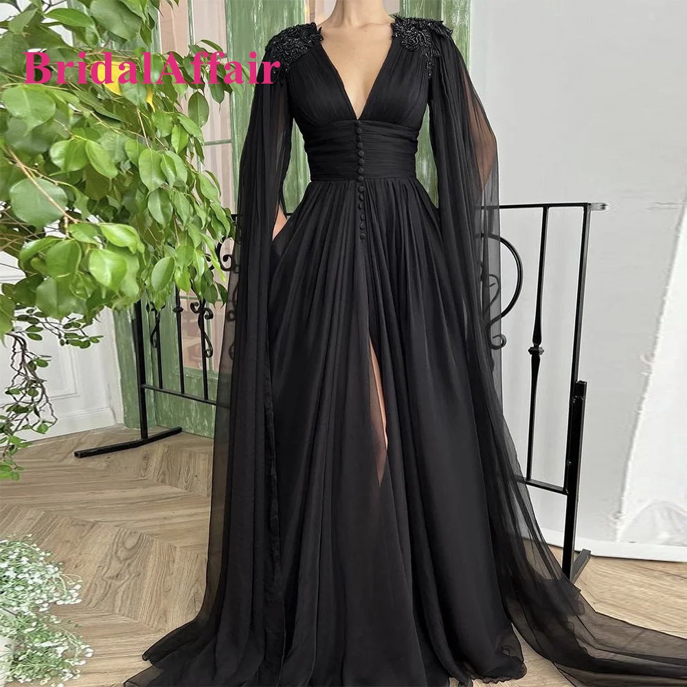 BridalAffair Sexy Black Chiffon Long Party Dress V-neck Applique High Waist Prom Gown Elegant Pleats Ruching Pleated A-line Gown
BridalAffair Sexy Black Chiffon Long Party Dress V-neck Applique High Waist Prom Gown Elegant Pleats Ruching Pleated A-line Gown