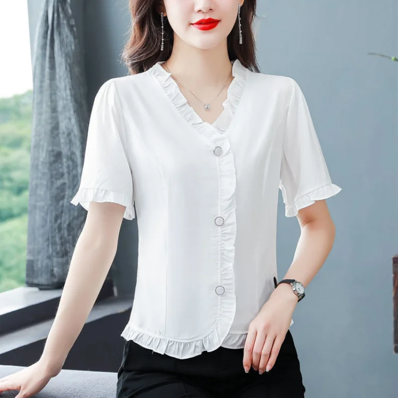 Solid Chiffon Shirt Women Short Sleeve Blouse Summer French Wood Ear Edge Unique Top Foreign Short Style Age Reducing Shirt
Solid Chiffon Shirt Women Short Sleeve Blouse Summer French Wood Ear Edge Unique Top Foreign Short Style Age Reducing Shirt