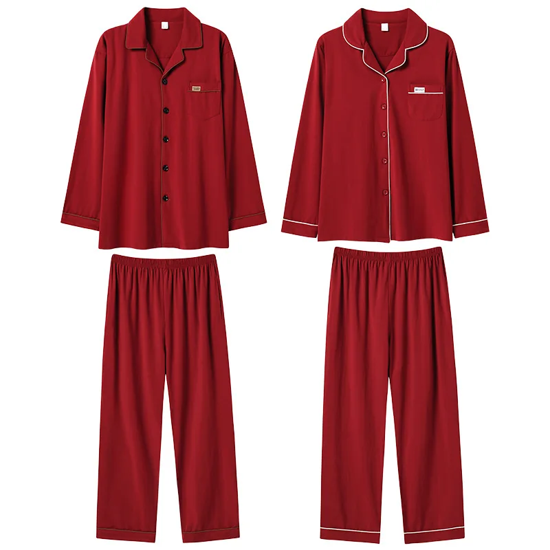 SUO&CHAO new knitted cotton men's and women's long-sleeved cardigan lapel nightwear bright red couple's home suit
SUO&CHAO new knitted cotton men's and women's long-sleeved cardigan lapel nightwear bright red couple's home suit