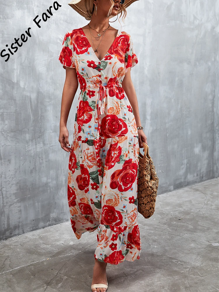 Sister Fara V-Neck Button Elegant Dresses for Women Summer High Waist Print Lace Up Long Dress Female Casual Pullover Mid Dress
Sister Fara V-Neck Button Elegant Dresses for Women Summer High Waist Print Lace Up Long Dress Female Casual Pullover Mid Dress