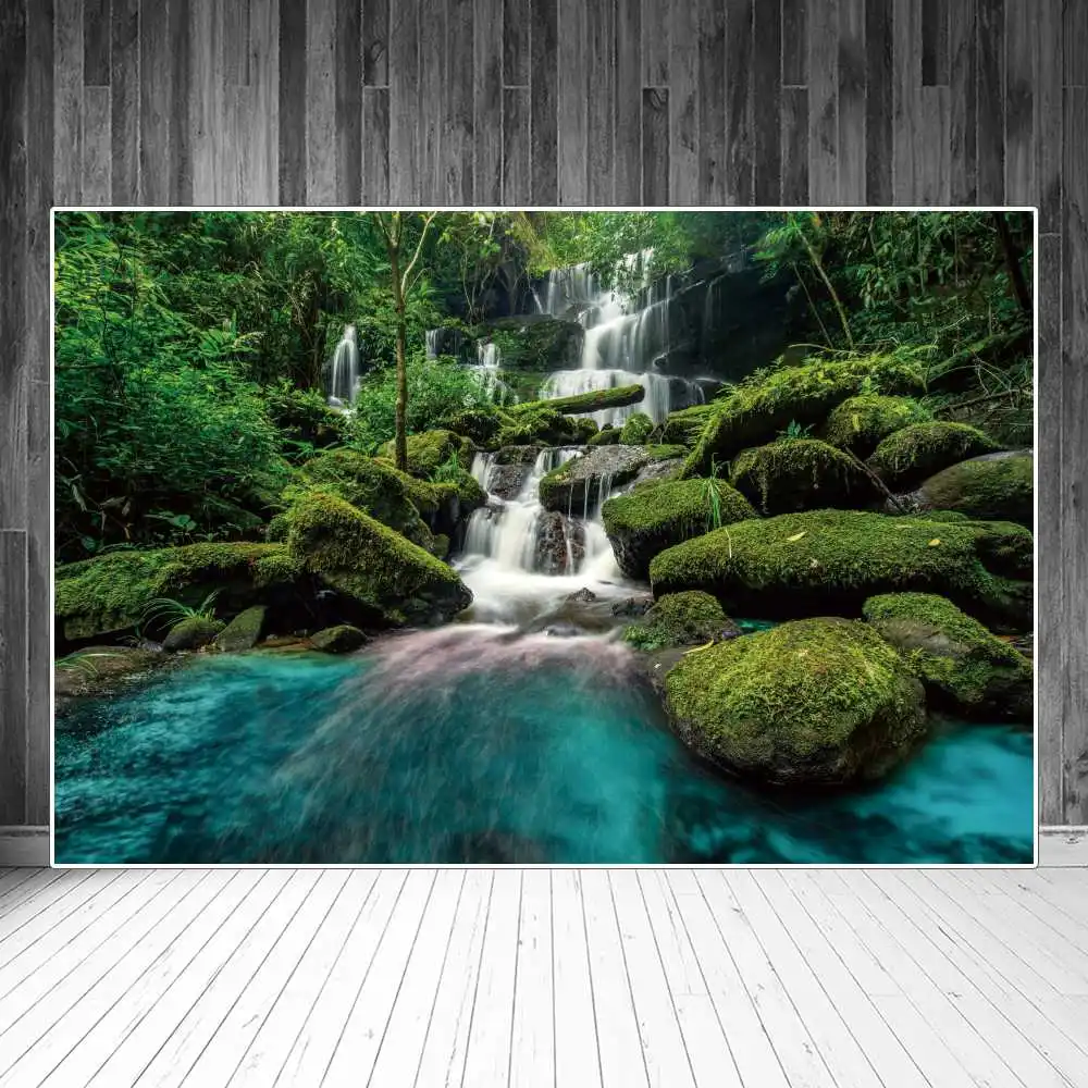 

Forest Waterfall Lake Landscape Photography Backdrops Decoration Spring Green Trees Rock Custom Photocall Photo Background Props
