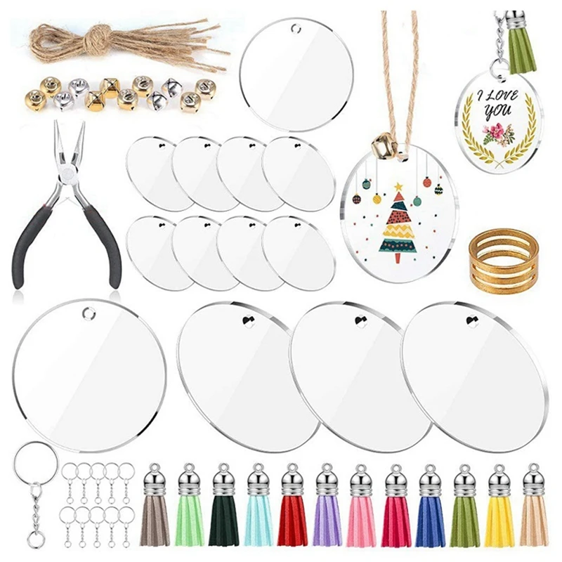 

74Pcs Acrylic Transparent Circle Discs,For DIY Keychains And Discs With Hole Random Color Tassel Pendant For DIY Crafts