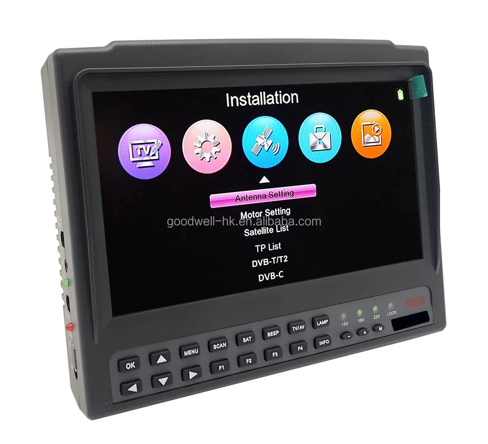 New 7" Digital HD Satellite Finder Meter with DVB-S2+T2+C combo TV Receiver Spectrum Analyzer, with DC12V Output for
New 7" Digital HD Satellite Finder Meter with DVB-S2+T2+C combo TV Receiver Spectrum Analyzer, with DC12V Output for