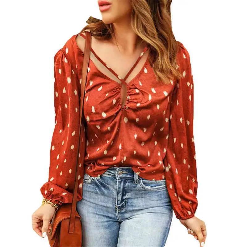 New Woman Sexy Blouse Cross Drawstring Orange Polka Dots Puff Long Sleeves Hollow Out Loose V Neck Casual Female Printed Tops
New Woman Sexy Blouse Cross Drawstring Orange Polka Dots Puff Long Sleeves Hollow Out Loose V Neck Casual Female Printed Tops
