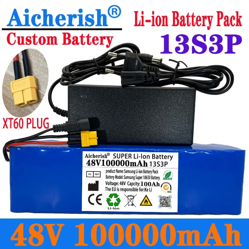 Aicherish 13S3P 48V 100000Mah E-Bike Lithium Ion Battery 100Ah 1000W For 54.6V Electric Bicycle Scooter With BMS Charger
Aicherish 13S3P 48V 100000Mah E-Bike Lithium Ion Battery 100Ah 1000W For 54.6V Electric Bicycle Scooter With BMS Charger