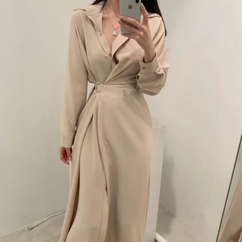 Chic Slim Waist Shirt Dress Woman Clothes Single-breasted Sexy Split Long Dresses Female Korean Khaki Black 2022 Spring Clothing
Chic Slim Waist Shirt Dress Woman Clothes Single-breasted Sexy Split Long Dresses Female Korean Khaki Black 2022 Spring Clothing