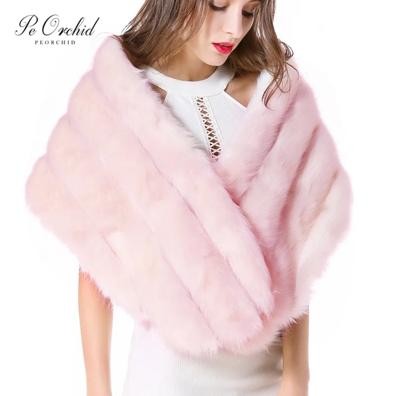 

PEORCHID Pink Bridal Fur Shawl Bolero Mujer Fiesta Shrug For Women Winter Warm Faux Fur Wraps Wedding Cape Ivory/Gray