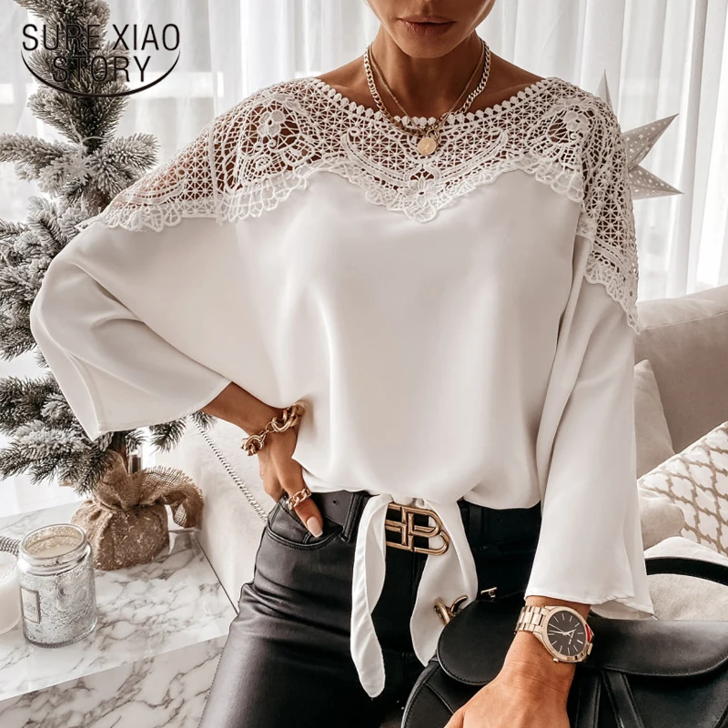 

New Crochet Embroidery Lace Blouses Women Spring Sexy Lace Stitching White Shirts Vintage Plus Size Ladies Tops Blusas 12459