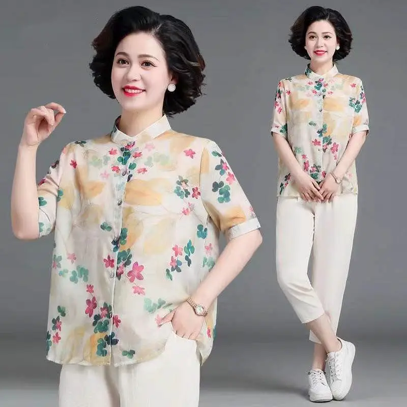 2022 Summer Women's New Suits Middle-aged Cotton Linen Loose Pants Female Short Sleeve Print Shirts Ladies Two-piece Sets J32
2022 Summer Women's New Suits Middle-aged Cotton Linen Loose Pants Female Short Sleeve Print Shirts Ladies Two-piece Sets J32